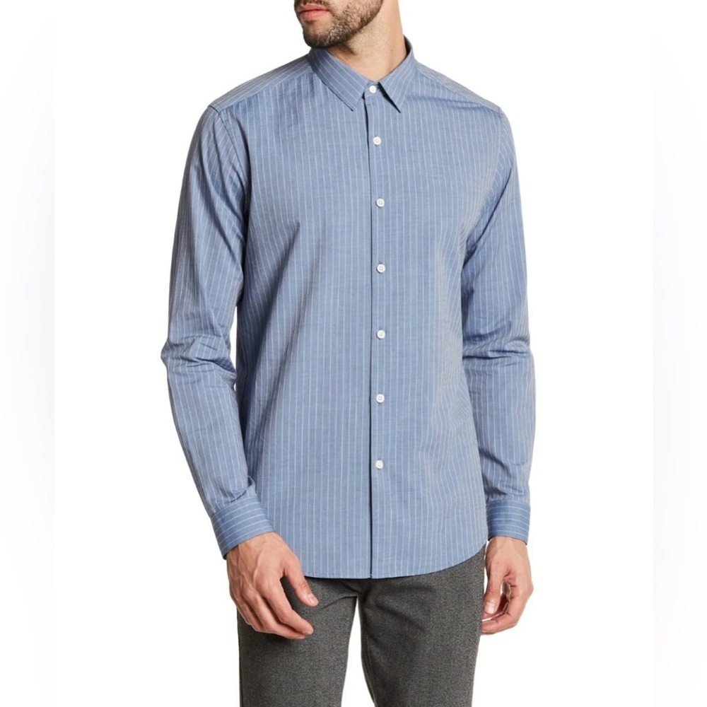 THEORY Zack Chambray Stripe Button Front Shirt - Blue/White - SIZE L